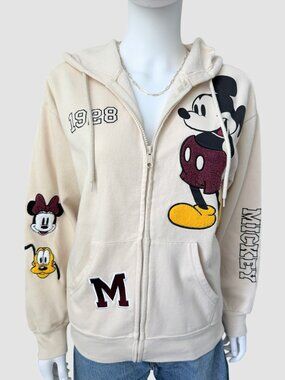 Disney Mickey Mouse Zip Hoodie Graphic Cream Y2K Casual Small